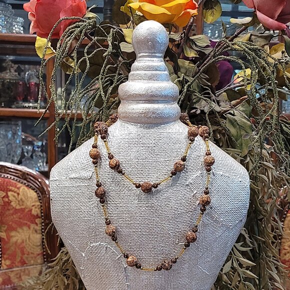 Vintage Judie Ingram Brown Granite & Amber Glass Beaded Necklace 34" - Picture 2 of 6